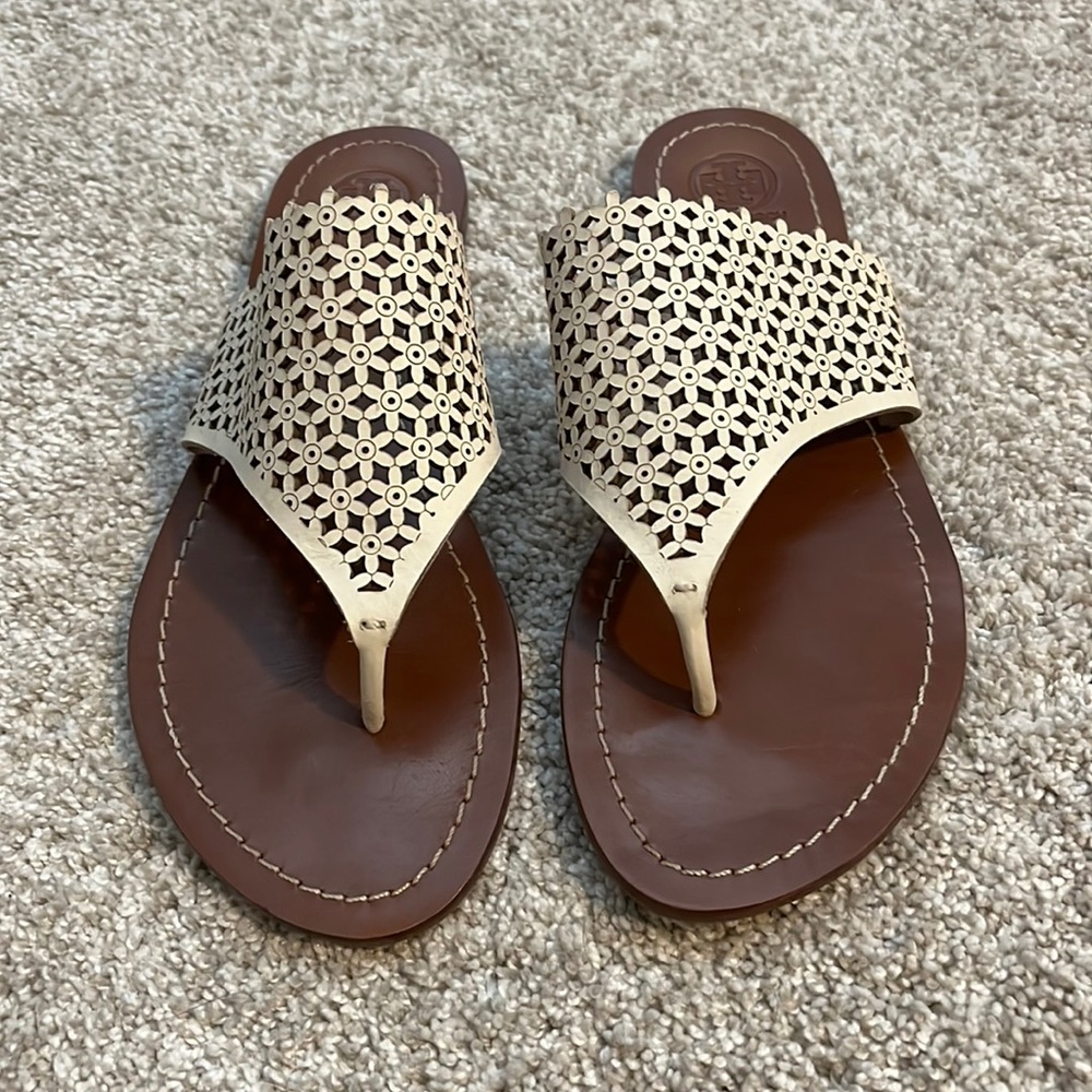 Tory Burch Floral Perforated Ivory Sandals Size 9M